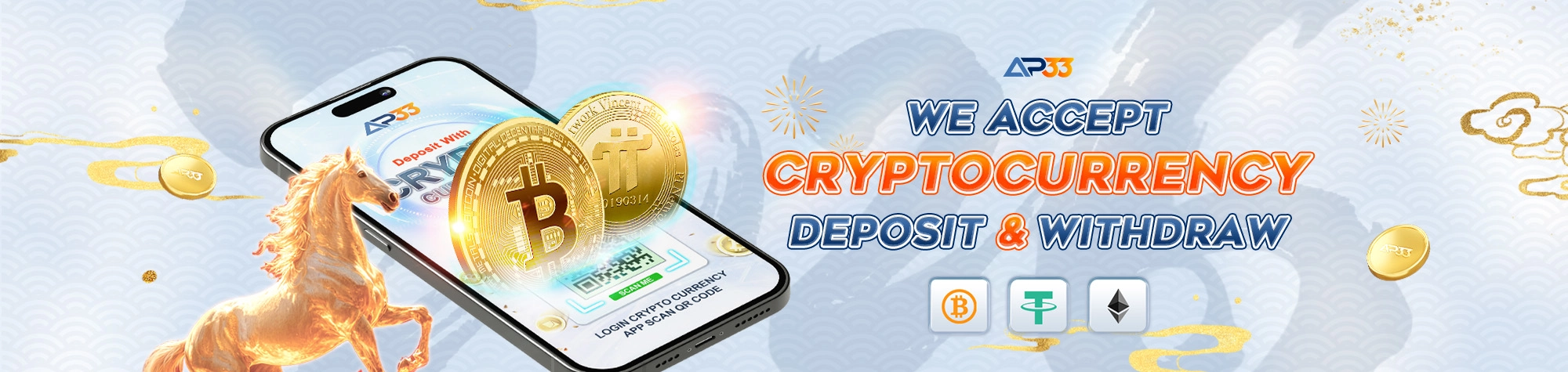 AP33 cryptocurrency deposit and withdrawal banner featuring Bitcoin, Tether and Ethereum icons, a smartphone and a golden horse.