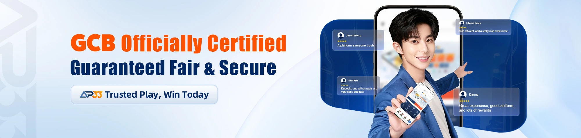 AP33 banner reading “GCB Officially Certified” and “Guaranteed Fair & Secure,” featuring a man holding a smartphone alongside customer review graphics.