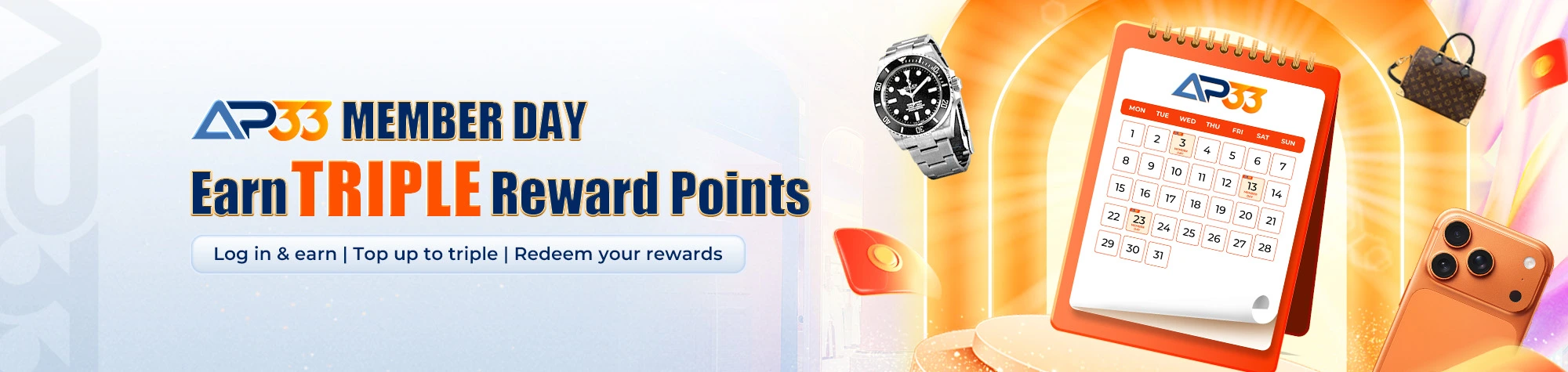 AP33 Member Day banner offering triple reward points, with the 3rd, 13th and 23rd highlighted on a calendar alongside a watch, handbag and smartphone.